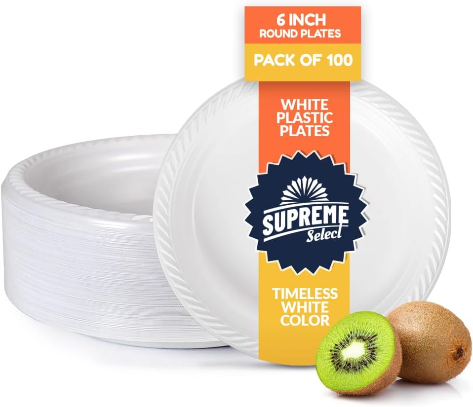 White Disposable Plastic Plates [Set of 100 | 6-inch Plates] Elegant Party Dinner Plates- Microwave Safe Plastic Dish Set- Sturdy Rimmed For Weddings, Parties, Kitchen Use