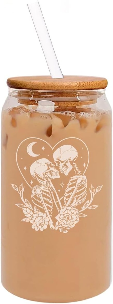 MIP 16oz Can Shaped Glass Iced Coffee Cup with Bamboo Lid and Straw Gift Skeleton Couple Floral