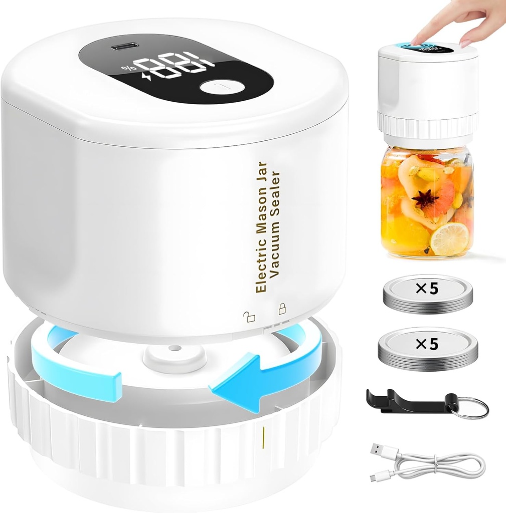 Electric Mason Jar Vacuum Sealer Kit with Upgraded Auto-Stop, Quiet & Portable, Fits Both Wide & Regular Mouth Jars | Rechargeable, Easy Food Storage & Canning