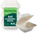 FPN Compostable Takeout Boxes 6x6-75 Ct | Eco-Friendly Clamshell Paper Containers for Food | Biodegradable To-Go Boxes, Disposable Lunch Boxes for Restaurants, Catering, Meals, Microwave-Safe