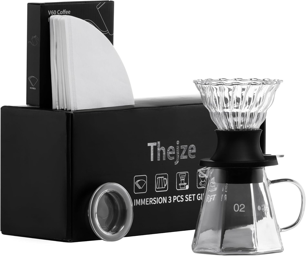 Switch pour over coffee maker, 3-in-1 Immersion &pour over coffee dripper, Stops Bitter Coffee, Includes 600ml Glass Pot & 50 Natural Paper Filters, Size 02, Ideal for Iced drink & Gift