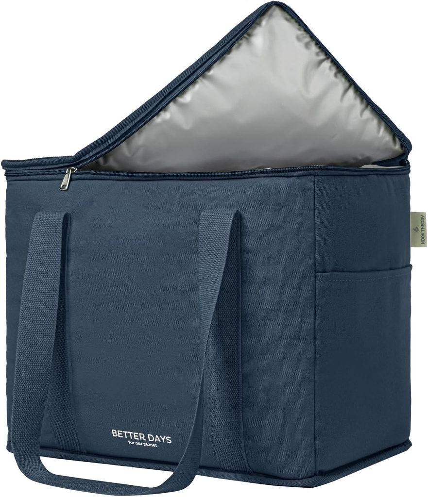 Reusable Insulated Grocery Bag - Leak Proof, X Large Cooler Bag - Insulated Shopping Bags for Groceries - Travel Cooler Bag for Frozen and Hot Food with Zippered Top (Deep Blue)