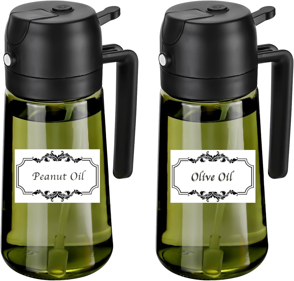 Oil Sprayer for Cooking-2 in 1 Olive Oil Dispenser, 16oz/470ml Light Blockage Green Bottle for Air Fryer, BBQ,Salad, Frying, Barbecue (2Green Bottle Black Cap)