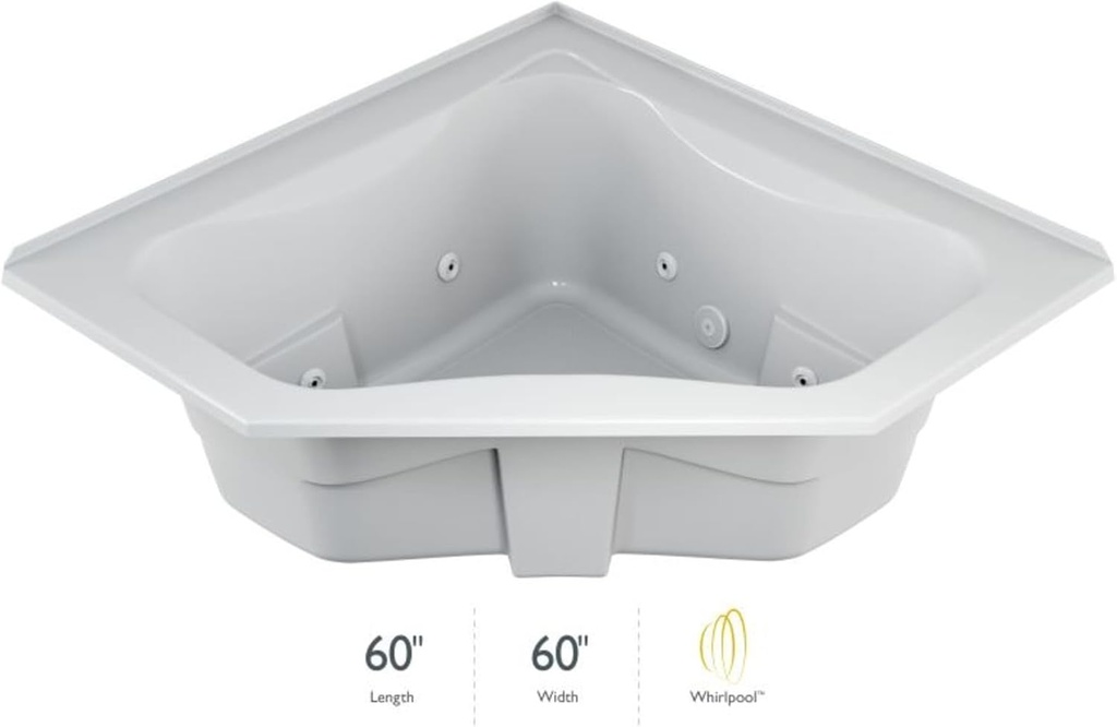JACUZZI SIGNATURE Acrylic Corner Drop-In Bathtub with Jets and Heater, Slip Resistant, Center Drain Placement, Right Hand 3-Tile Flange, 60” (L) x 60” (W), White