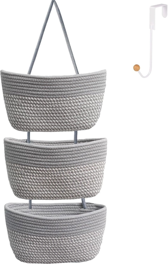 Over the Door Hanging Basket for Organizing 3 Tiers Woven Cotton Rope Wall Mount Storage basket Decorative Kitchen Hanging Organizer Bathroom include 1 door hook GrayStripe