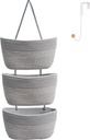 Over the Door Hanging Basket for Organizing 3 Tiers Woven Cotton Rope Wall Mount Storage basket Decorative Kitchen Hanging Organizer Bathroom include 1 door hook GrayStripe
