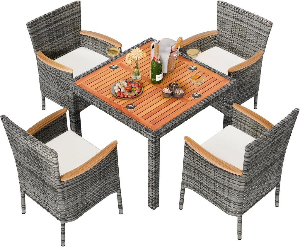 Shintenchi 5 Piece Patio Dining Set, Wicker Patio Conversation Set with Wooden Table Top, Outdoor Table and Chairs with Soft Cushions for Backyard, Deck and Garden, Grey Wicker