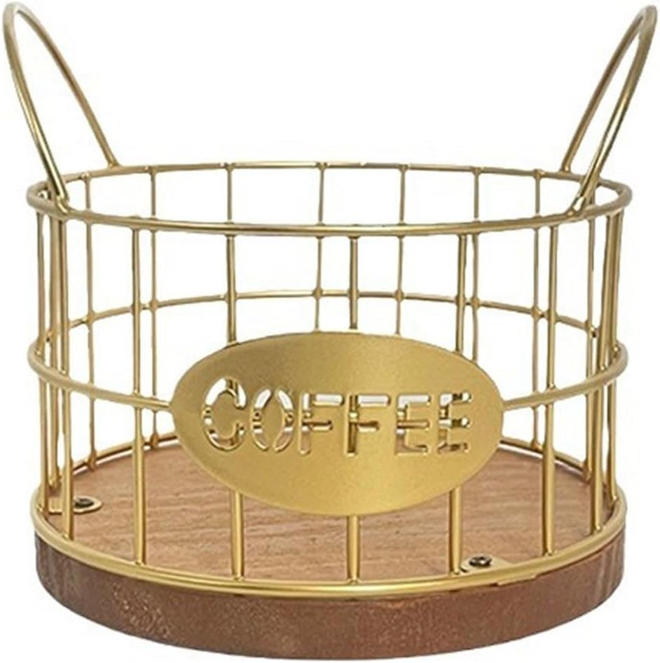 Coffee Pod Holder, Large Capacity Espresso Pods Storage Basket, Gold, Iron and Wood, 40 Cups, 5.12 x 4.72 x 4.72 inches