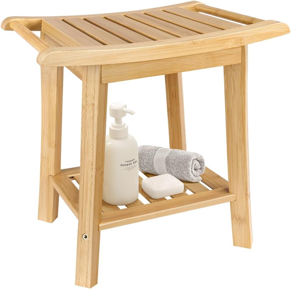 2-Tier Bamboo Shower Bench Small Shower Stool with Storage Shelf SPA Bathtub Shower Chair for Living Room Bedroom Bathroom, Natural