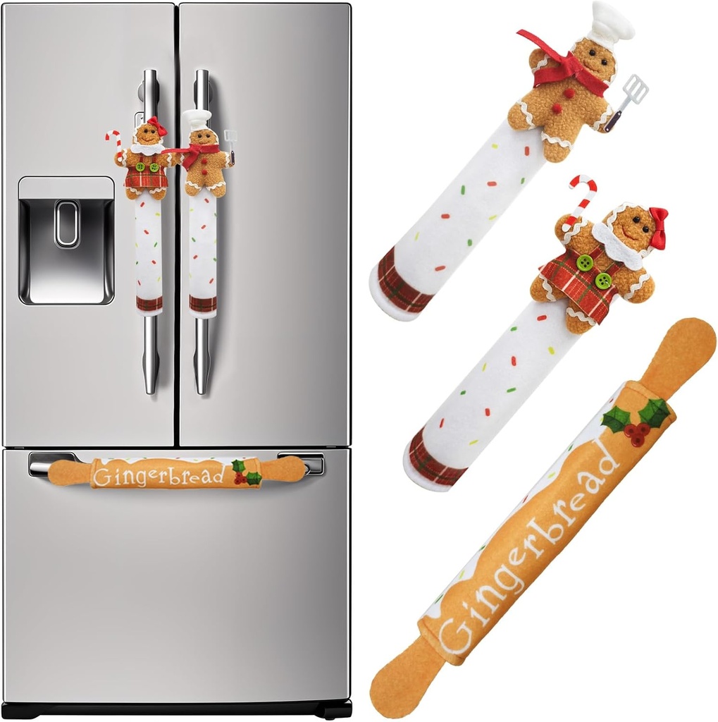 OurWarm Christmas Refrigerator Handle Covers Set of 3, Gingerbread Kitchen Decor Refrigerator Door Handle Cover, Christmas Fridge Handle Covers Gingerbread Decorations Indoor for Home Decor
