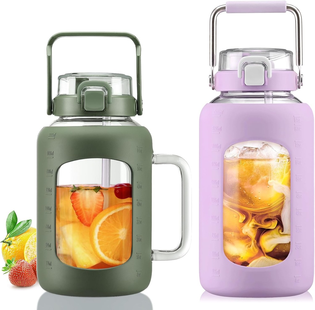 BLUEGO 64oz and 84oz Glass Water Bottles Bundle(64 Olive + 84 Purple) with Straw and Lids Handle Large Water Tumbler with Sleeve, Glass Water Container, 2 Liter Water Jug Glass, BPA Free