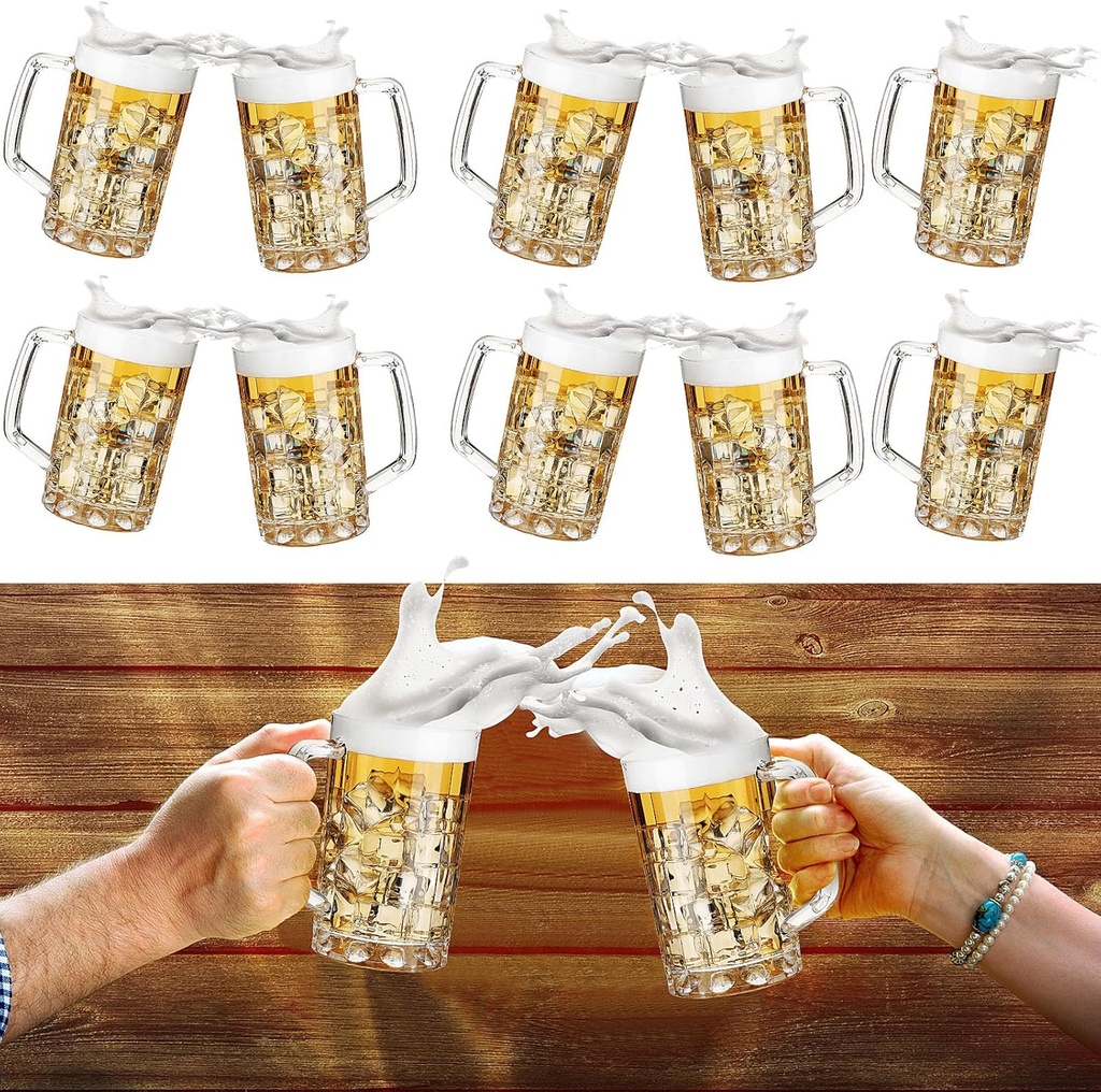 Mifoci 10 Pcs 12 oz Plastic Beer Mug with Handles Oktoberfest Acrylic Beer Stein Bulk Clear Glasses Drinking Cups for Bar Cocktail Juice Alcohol Soda Party, Dishwasher Safe