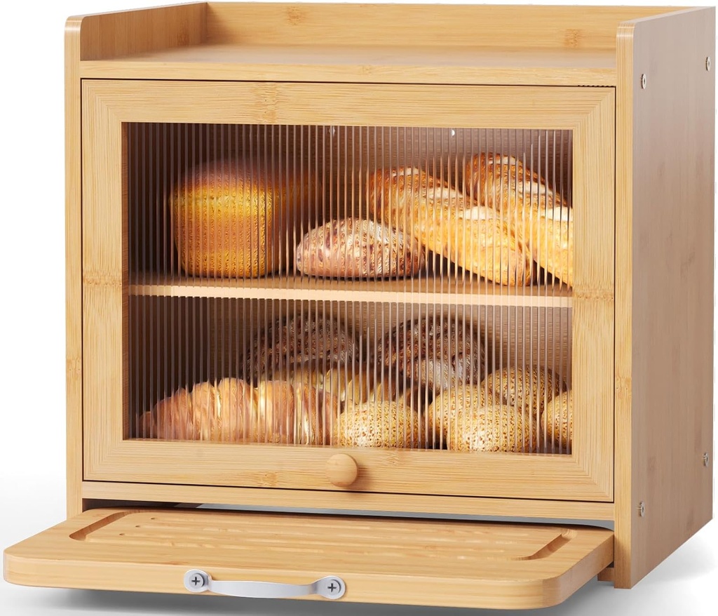 Bamboo Bread Box for Kitchen Countertop, Double Layer Kitchen Counter Organizers and Storage for Fruits, Tea, Spices, Coffee, Vintage Bread Bin Container with Cutting Board, Natural