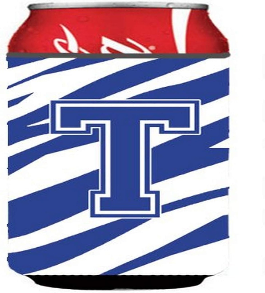 Caroline's Treasures CJ1034-TCC Letter T Initial Tiger Stripe Blue and White Can or Bottle Hugger Cooler Washable Drink Sleeve Collapsible Beverage Insulated Holder, Can Hugger, Multicolor