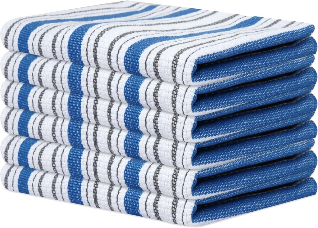 Sweet Needle Kitchen Dish Towels 18 x 28 Inches, 100% Cotton Kitchen Towels, Pack of 6, Basket Weave Dish Cloth with Hanging Loop, Highly Absorbent, Soft, Thick for Kitchen Decor - Azure Blue Stripe