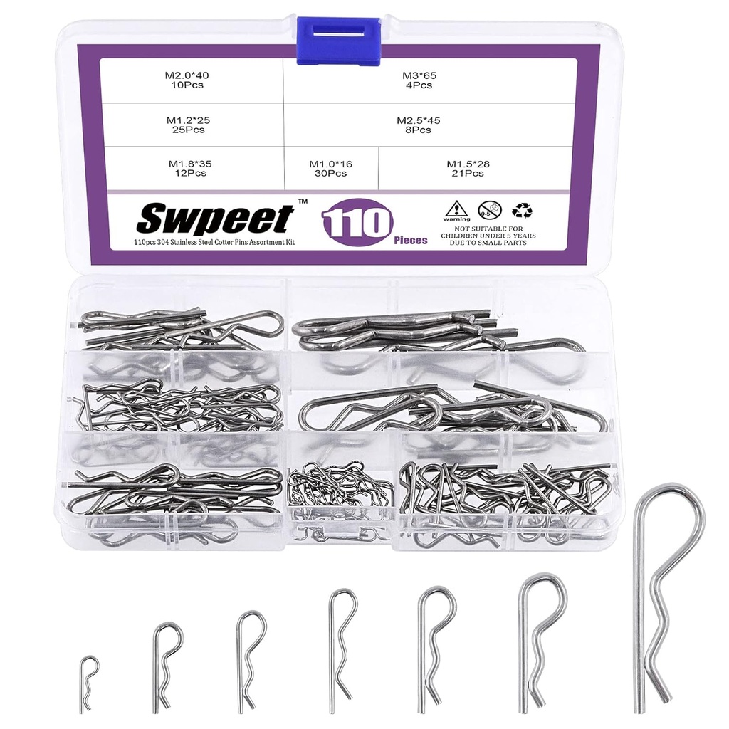Swpeet 110Pcs 304 Stainless Steel Cotter Pin Hair Pin Hitch Pin R Shape Clips Fastener Fitting Assortment Kit, Multiple Sizes Hair Pins R Clips Fastener Set for Use on Hitch Pin Lock System