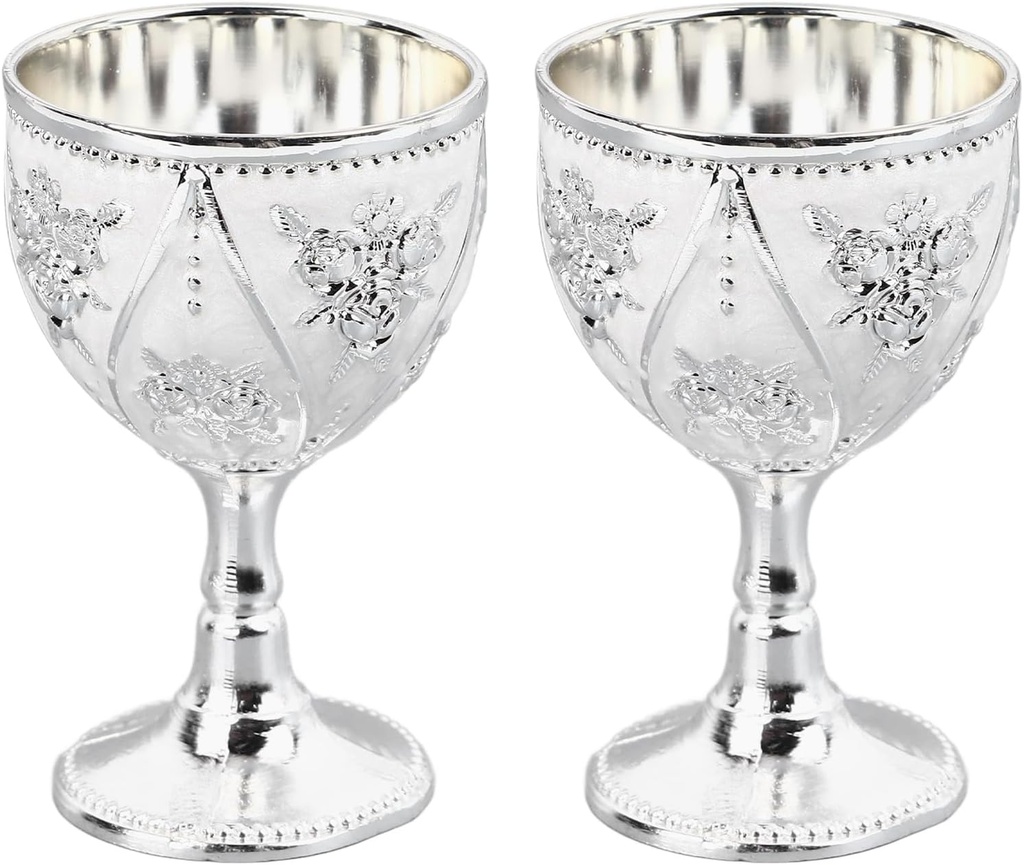 Aladeno 2 Pcs Drinking Glasses Exquisite Flower Wine Glasses 3D Relief Rose Flower Pattern Vintage Wine Glasses Set of 2 50TH Birthday Gifts for Her Small Wine Glasses (Silver)