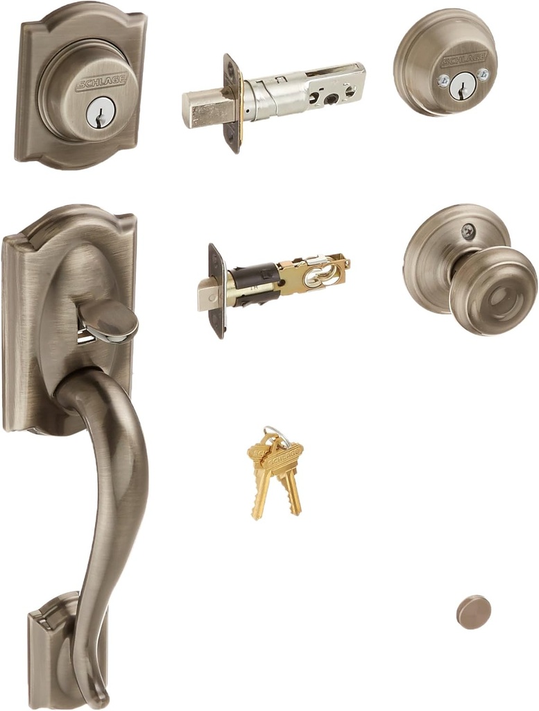 SCHLAGE F62CAM620GEO Camelot Handleset Keyed 2-Sides with Georgian Knob, Antique Pewter