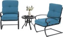 Oakcloud Outdoor Bistro Set 3-Piece Spring Metal Lounge Cushioned Chairs and Bistro Table Set Wrought Iron Cafe Furniture Seat, Blue