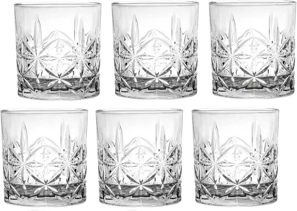 Lorren Home Trends Tall 11 Ounce Double Old Fashion Drinking Glass-Textured Cut Glass, Set of 6