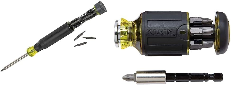Klein Tools 32327 Precision Screwdriver Set, 27-in-1 Multi-Bit Screwdriver with 26 Tamperproof Bits, Onboard Storage, Rare-Earth Magnet and Klein Tools 32308 Multi-bit Stubby Screwdriver, Impact Rated 8-in-1 Adjustable Magnetic Tool