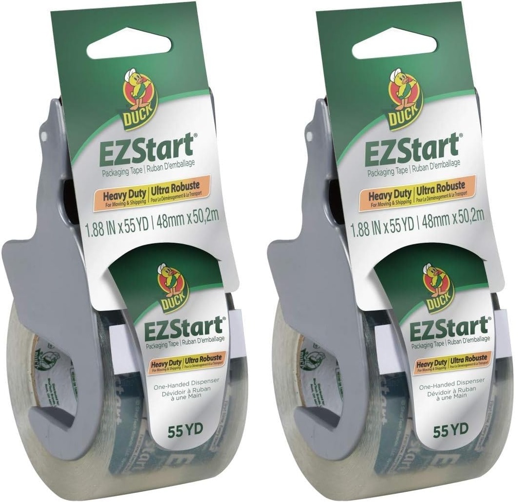 Duck EZ Start Packaging Tape, Single Roll with Dispenser, Clear Packing Tape for Mailing, Moving, Shipping & Storage, Quiet Easy Start Tape for Boxes & Shipping | Pack of 2