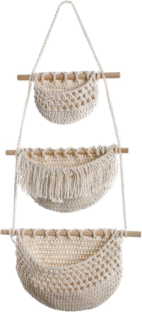 Hanging Fruit Basket 3 Tier, Handwoven Hanging Wall Basket for Kitchen Beige 1 10", 12", 13" x 31"