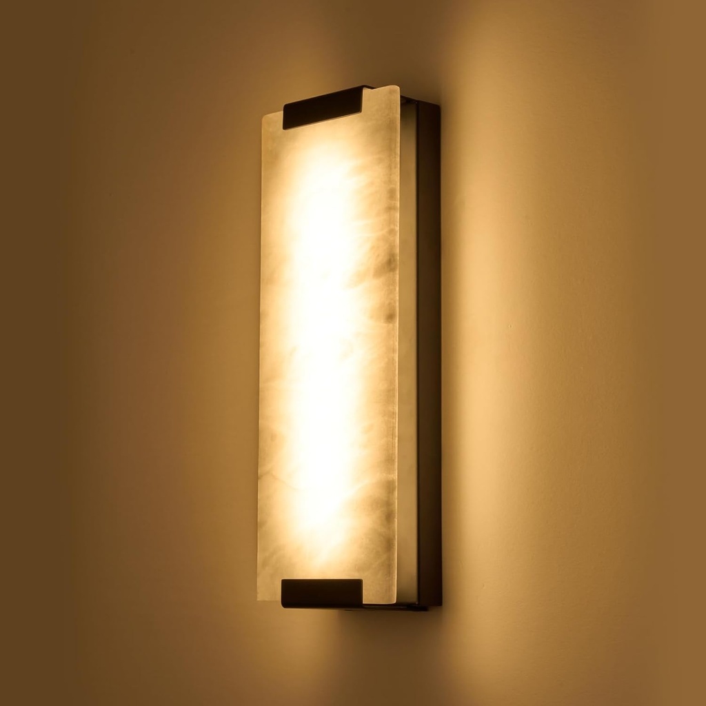 14.2in Alabaster Wall Sconce Hardwired, Large Vertical Natural Marble Wall Light Decor, LED Modern Alabaster Wall Lamp for Bedroom, Stairs, Living Room, Vanity, Bedside, Hallway, Bathroom（Black 12W）