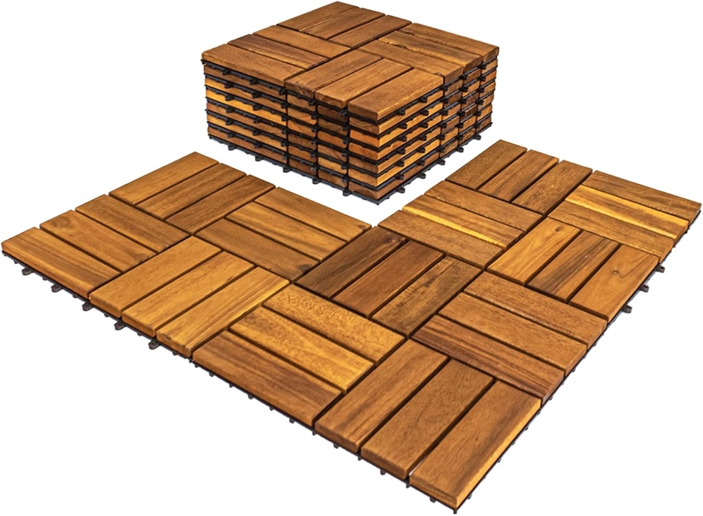 Pack of 10 Deck Tiles - 12"x12" Interlocking Natural Solid Acacia Wood for Outdoor & Indoor, Patio Garden, Balcony, Poolside - Golden Teak Color