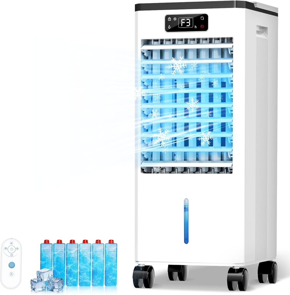 Evaporative Air Cooler, 3-IN-1 Portable Air Conditioners, Swamp Cooler, 3 Speeds & 4 Modes, 2-Gal Water Tank for Cooling, 16 FT/S Remote Control, Windowless Air Conditioner for Indoors Use