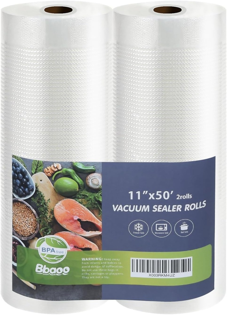 Vacuum Sealer Bags, 11"x50' Rolls 2 pack for Food Storage Saver, Commercial Grade BPA Free Bag Rolls, Heavy Duty, Great for vac storage, Meal Prep or Sous Vide