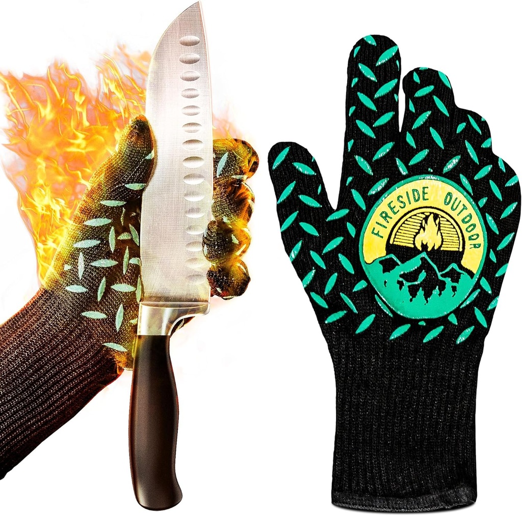 Fireside Outdoor Thermal BBQ Gloves Heat Resistant Cooking - Thermal Grill Gloves, Oven Mitts Heat Resistant, Oven Glove for Campfire Grilling, BBQ Mitts, Meat Smoking Accessories - 932°F Resistance