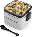 Adult Double-Layer Bento Box Spring Summer Bee Portable Lunch Box with Spoon And Invisible Handle Leakproof Microwave-Safe Food Container for Work Travel Camping