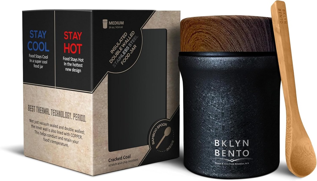 Thermos Food Jar For Hot Food & Soup with Bamboo Spoon. Wide Mouth Stainless Steel Lunch Container, Metal Food Flask, Vacuum Insulated & Leak Proof (Cracked Coal (14oz)