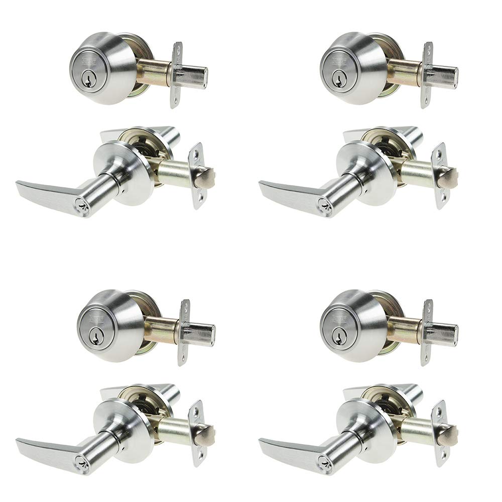 NU-Set Lock | Entry Single Cylinder Deadbolt Keyed Alike Lock & Lever Door Knob Combo | 4 Pack Door Knob & Deadbolt Lock Set | Home Improvement & Door Hardware (Satin Chrome)