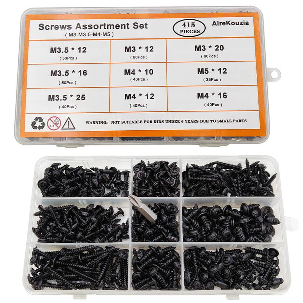 Modified Truss Head Phillips Screws Set - 415 Black Wood Screws Assortment Kit M3/M3.5/M4/M5 Multi-Size Kit for Furniture Assembly, Carpentry, Woodworking and DIY Projects