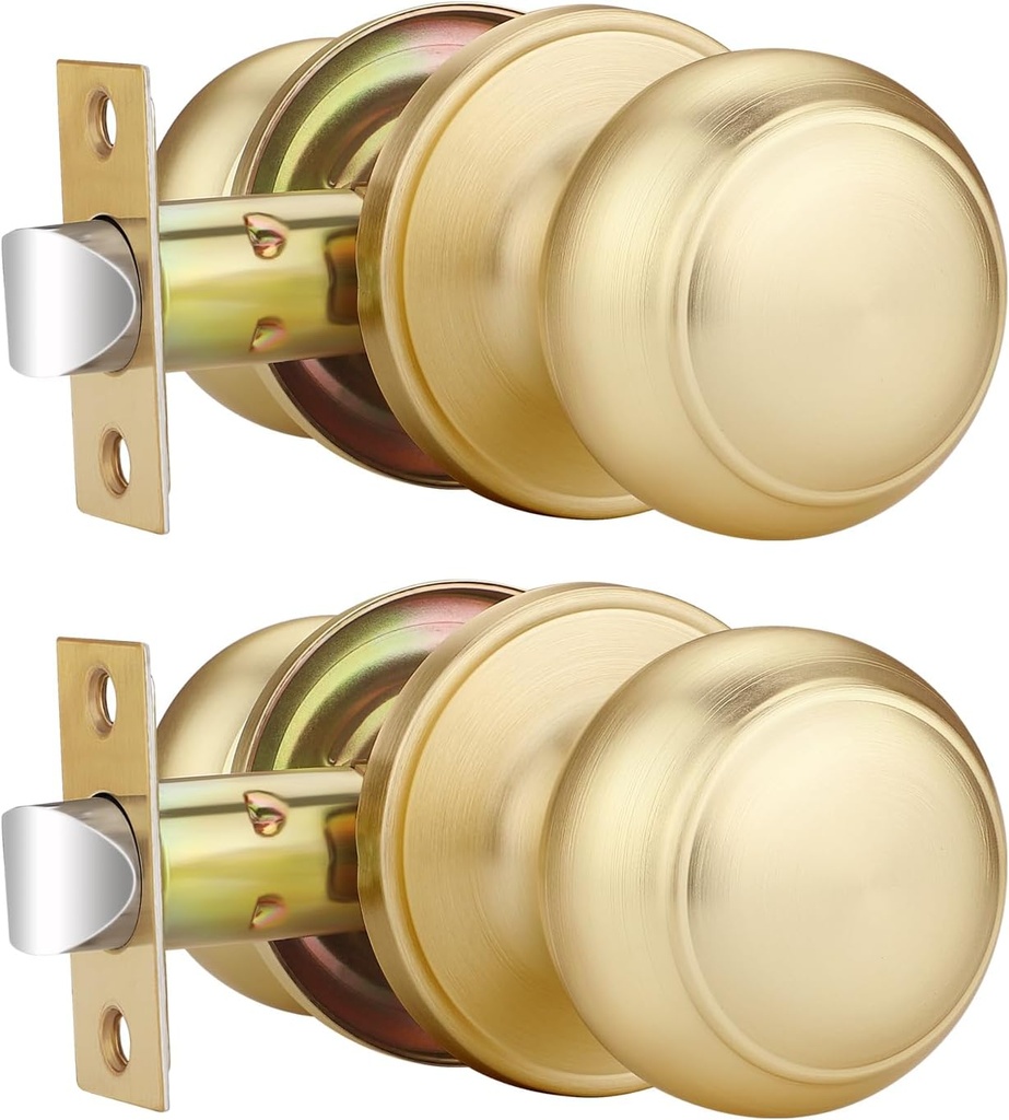 EHOMEWARE 2 Pack Interior Door Knobs Gold, Hallway/Closet Door Knobs, Passage Door Knob No Lock, Keyless Round Door Handle, Reversible for Left/Right Handed Doors, Satin Brass Finish