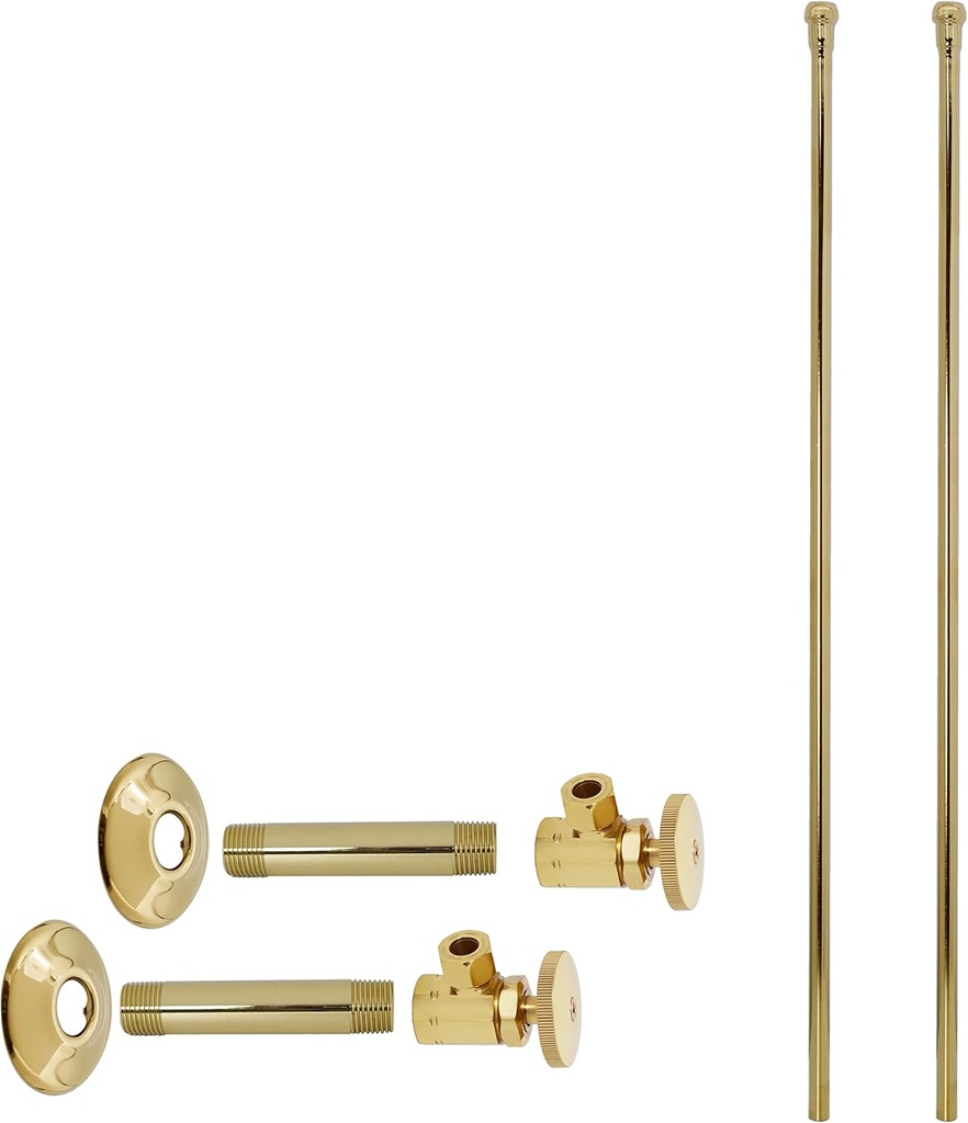Westbrass D103KBN-01 1/2" IPS x 3/8" OD x 20" Bullnose Dual Faucet Riser Supply Line Kit with Round Handle Angle Shut Off Valves, Polished Brass