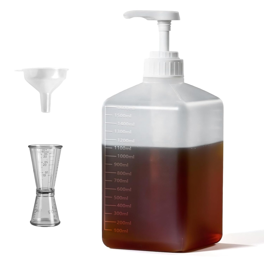 Large Capacity Syrup Dispenser for Coffee Bar High Temperature Resistant, 54oz 1600ml PET Syrup Bottle w Measuring Cup and Funnel, Dispenser Bottle w Upgraded Pump