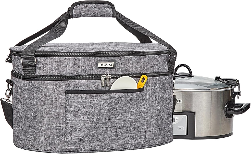 HOMEST Slow Cooker Bag for Crock-Pot 6-8 Quart, Insulated Travel Carrier with Easy to Clean Lining, Carry Case with Top Zip Compartment and Accessory Pocket