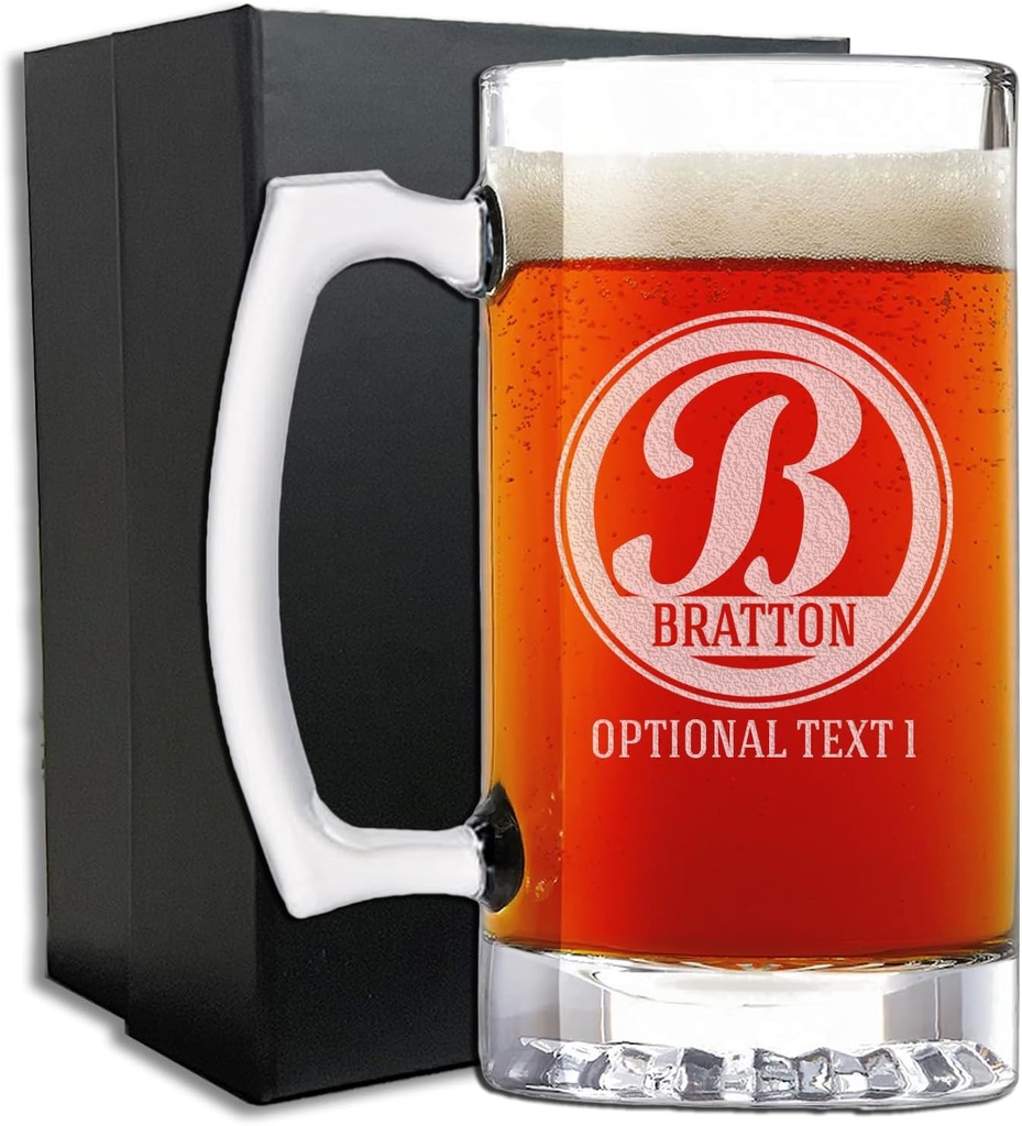 Personalized Etched Monogram 25oz Glass Beer Mug- Father's Day, Monogram, Customized Name, Custom Beer Gifts for Men, Birthday gifts for HIm, Engraved Stein, Bratton