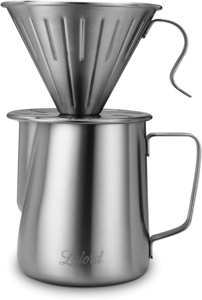 Pour Over Coffee Maker, 304 Stainless Steel wIth 100 pcs V60 Paper Filters & 600ml Milk Frothing Pitcher, for Home & Camping