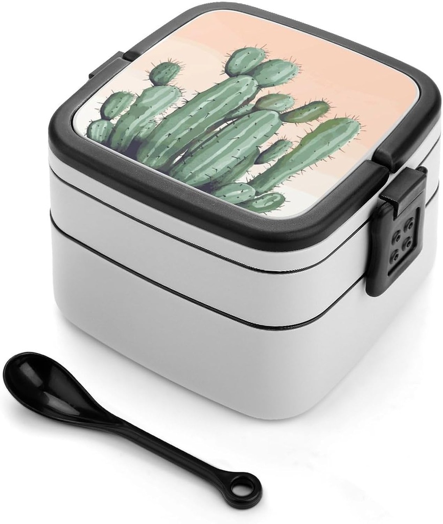 Watercolor Green Cactus Bento Box with Compartments Double Layer Bento Lunch Box with Spoon And Handle All-in-One Adult Lunchbox Leakproof Lunch Container for Work Picnic Travel