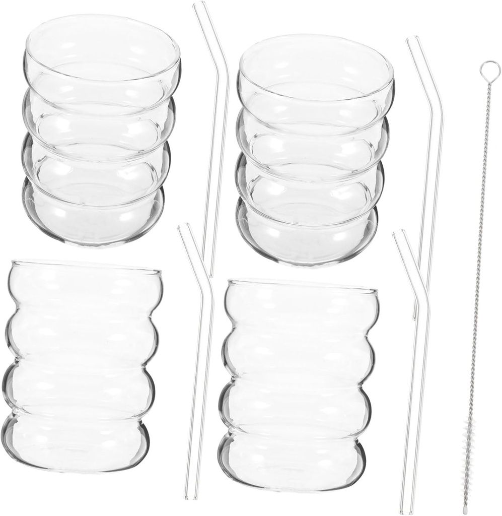 1set Clear Wavy Glass Cup Set with Straws Drinking Glasses for Iced Coffee Juice Matcha Includes Cups Straws Cleaning Brush Dishwasher Safe Sturdy Design