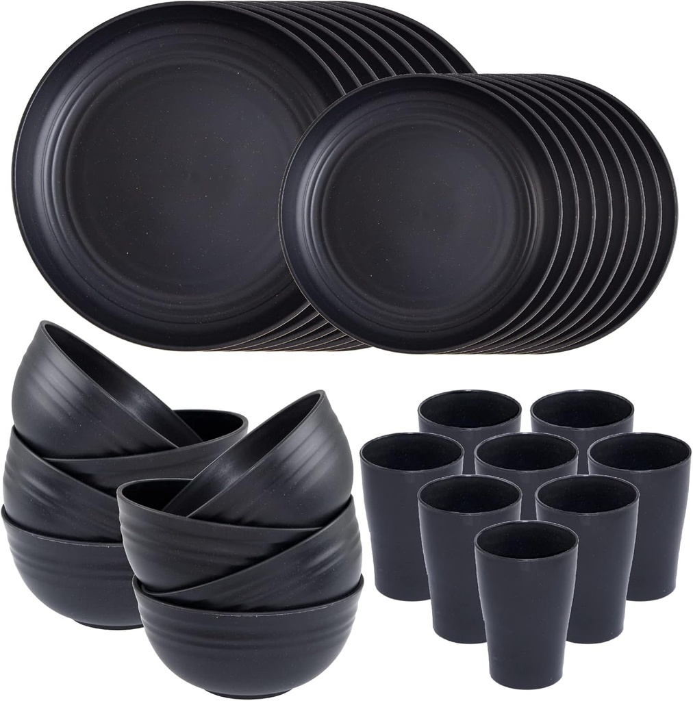 Supernal Wheat Straw Dinnerware Sets,Plates and Bowls Set, Dish Sets for 8, Unbreakable Plate for 8 Dishwasher Safe,Reusable Dinnerware Black-16pcs Plates, 8pcs Bowls, 8pcs Cups.