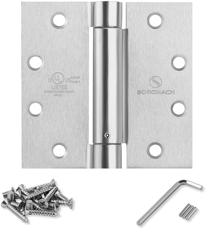 Satin Door Hinges 4.5 Inch Self Closing Hinge Hardware Adjustable Spring Hinges for Commercial Grade Self-Closing, UL Listed 3 Pack
