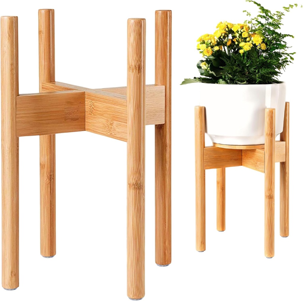 ZPirates Plant Stand for Indoor - Adjustable Sideways to fit 8 10 or 12 Inch-wide Medium-Large Planter Pots - Ideal for Live and Fake, Corner and Floor Plants - 14-inch Tall - Bamboo Wood
