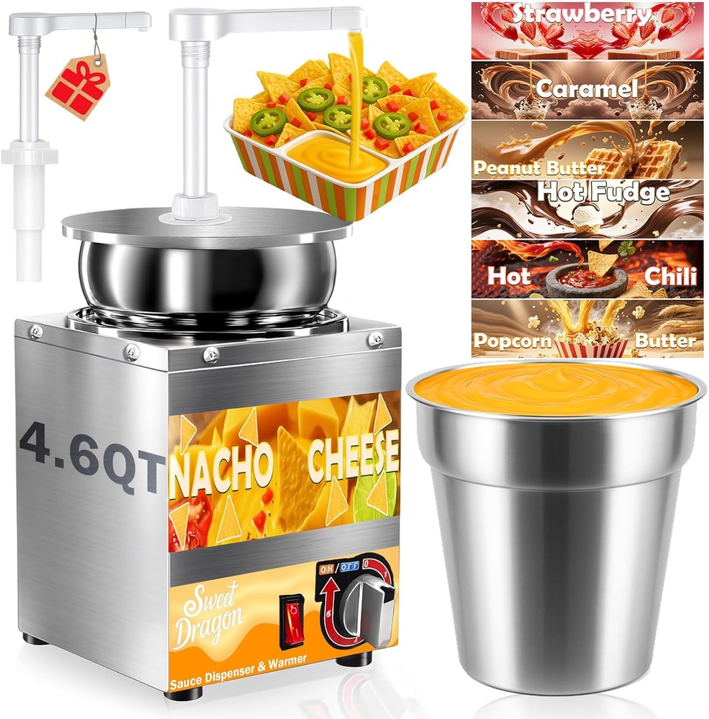 Nacho Cheese Dispenser, 4.6 Qt Nacho Cheese Dispenser with Pump, Stainless Steel Hot Fudge Cheese Warmer W/6-Level Temperature Adjustment, Commercial Sauce Dispenser for Butter Syrup Caramel