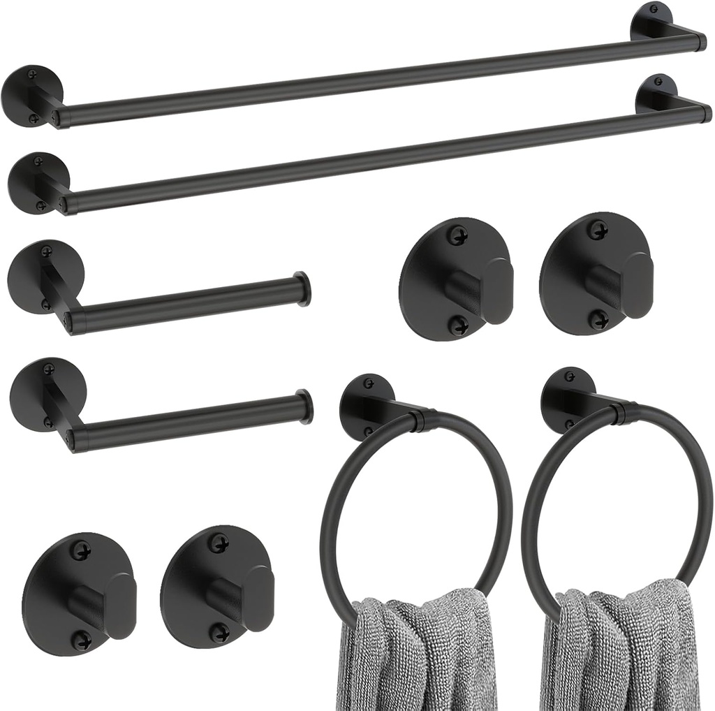 Matte Black Bathroom Accessories Set, 10 Pieces Bathroom Hardware Set, 24 Inch Stainless Steel Bath Towel Bar Set, Towel Racks for Bathroom, Robe Towel Hooks, Toilet Paper Holder Wall Mounted