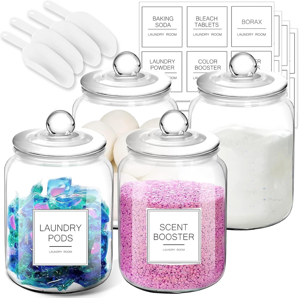 Half Gallon Glass Jars - Large Airtight Containers with Scoop and Labels for Organization and Storage Laundry, Bath Room, Kitchen and Pantry Holder, Set of 4